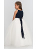 Navy Blue Chiffon Ivory Tulle Long Flower Girl Dress